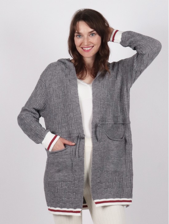 Canadiana Grey Cardigan with Red+White Details, Pockets and Hood